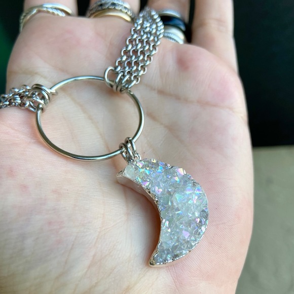 Moon crystal necklace . Stainless steel chains druzy aura quartz moon charm boho - Picture 9 of 15